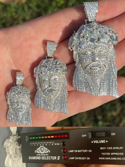 Pre-owned Silver Fully Iced Baguette Moissanite Jesus Piece Pendant Passes Test Out Hip Hop Large In