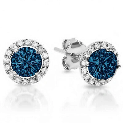 Pre-owned Pucci 1.6 Round Halo Natural London Blue Topaz Designer Stud Earrings 14k White Gold