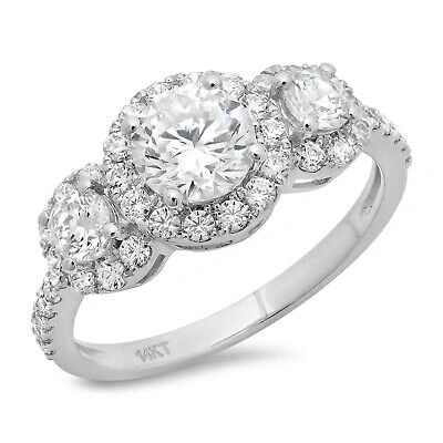 Pre-owned Pucci 1.75 Ct Round Halo 3 Stone Moissanite Promise Bridal Wedding Ring 14k White Gold In White/colorless