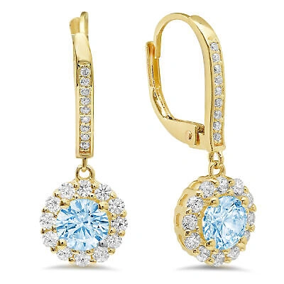 Pre-owned Pucci 2.2 Round Cut Halo Natural Aquamarine Drop Dangle Earrings Real 14k Yellow Gold