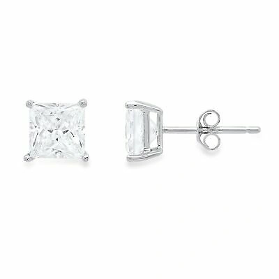 Pre-owned Pucci 2.0ct Princess Cut Vvs1 Real Moissanite Stud Earrings 14k White Gold Push Back In D