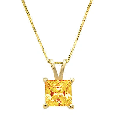 Pre-owned Pucci 3.0 Ct Princess Cut Natural Citrine Pendant Necklace 16" Chain 14k Yellow Gold