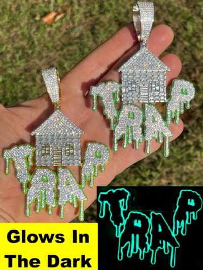 Pre-owned Silver Real 925  Gold Plated Huge 3" Glows In Dark House Trap Hip Hop Pendant Cz