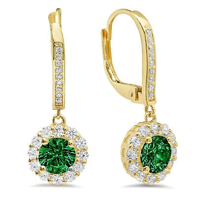 Pre-owned Pucci 2.2 Round Cut Halo Green Simulated Emerald Drop Dangle Earrings 14k Yellow Gold