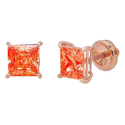 Pre-owned Pucci 4.0 Ct Princess Cut Solitaire Red Simulated Diamond Stud Earrings 14k Rose Gold