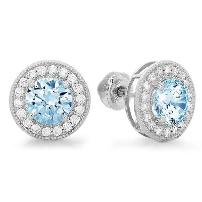 Pre-owned Pucci 3.6 Round Cut Halo Natural Aquamarine Designer Stud Earrings Real 14k White Gold