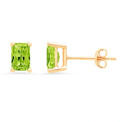 Pre-owned Pucci 2 Ct Emerald Cut Natural Peridot Gift Stud Earrings 14k Yellow Gold Push Back In Green