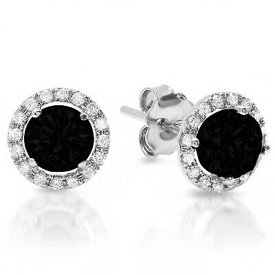 Pre-owned Pucci 1.6 Ct Round Halo Natural Onyx Designer Stud Earrings Real Solid 14k White Gold