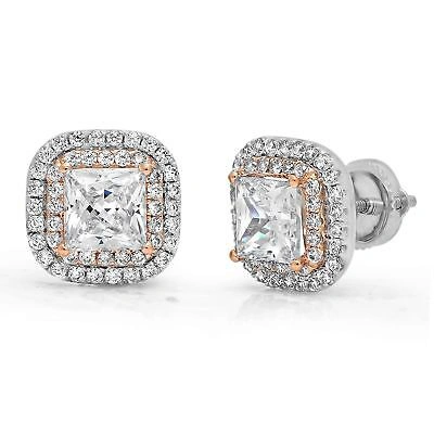 Pre-owned Pucci 2.52ct Princess Cut Simulated Halo Stud Earrings 14k Two-tone Gold Screw Back In D