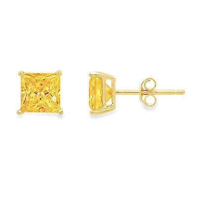 Pre-owned Pucci 3.0ct Princess Natural Citrine Stud Earrings Real 14k Yellow Gold Push Back