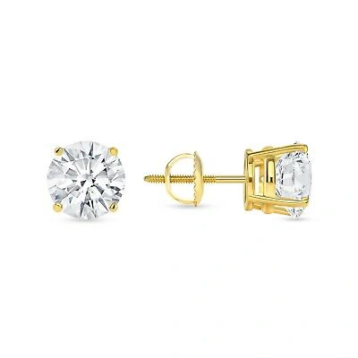 Pre-owned Shine Brite With A Diamond 6 Ct Round Earrings Studs Solid 14k Yellow Gold Brilliant Cut Screw Back Basket In White/colorless