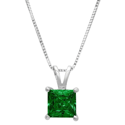 Pre-owned Pucci 3.0 Princess Cut Emerald Simulated Pendant 16" Chain Real 14k Solid White Gold
