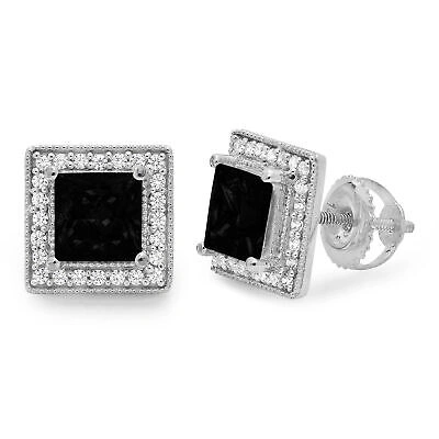 Pre-owned Pucci 2.3 Princess Round Cut Halo Natural Onyx Stud Earrings Real Solid 14k White Gold In D