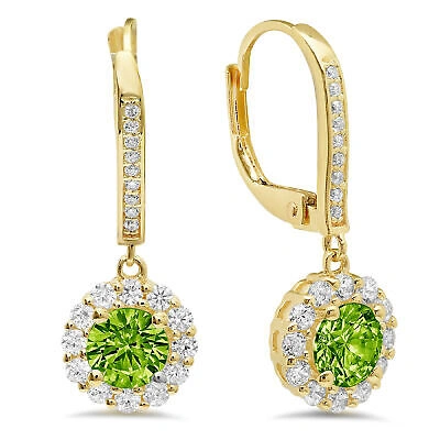 Pre-owned Pucci 2.2 Ct Round Cut Halo Natural Peridot Drop Dangle Earrings Solid 14k Yellow Gold In Green
