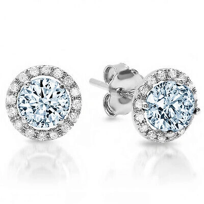 Pre-owned Pucci 1.6 Round Cut Halo Natural Sky Blue Topaz Designer Stud Earrings 14k White Gold