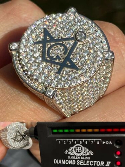 Pre-owned Harlembling Moissanite 925 Silver Masonic Ring Pass Test Pinky Hip Hop Free Mason Large