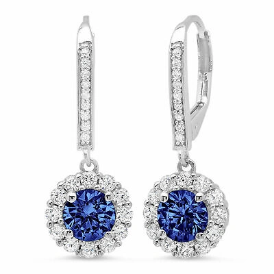 Pre-owned Pucci 2.2 Ct Round Halo Simulated Tanzanite Drop Dangle Earrings Solid 14k White Gold In Purple