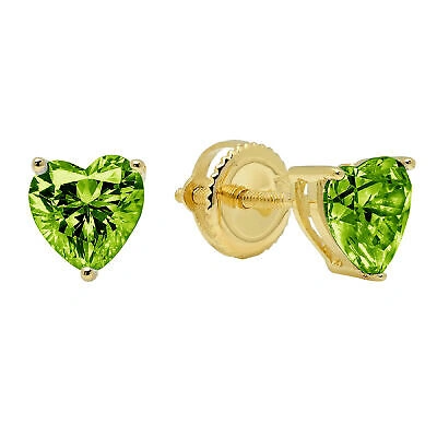 Pre-owned Pucci 1.50ct Heart Cut Solitaire Natural Peridot Stud Earrings Solid 14k Yellow Gold In Green