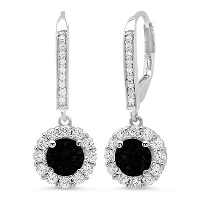 Pre-owned Pucci 2.2ct Round Cut Halo Natural Onyx Drop Dangle Earrings Real Solid 14k White Gold