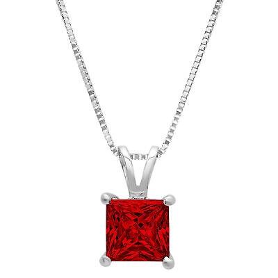 Pre-owned Pucci 1.50ct Princess Cut Natural Red Garnet Pendant Necklace 18" Chain 14k White Gold
