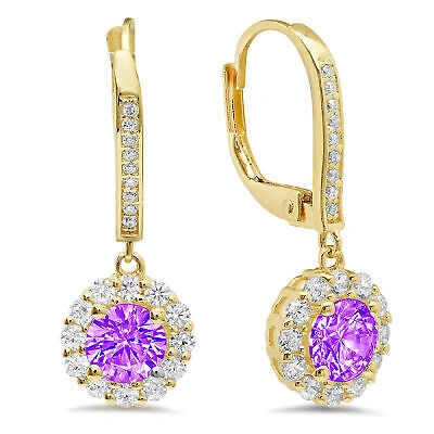 Pre-owned Pucci 2.2 Ct Round Cut Halo Natural Amethyst Drop Dangle Earrings Real 14k Yellow Gold In Purple