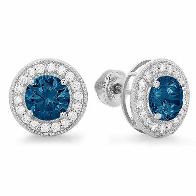 Pre-owned Pucci 1.18 Round Halo Natural London Blue Topaz Designer Stud Earrings 14k White Gold
