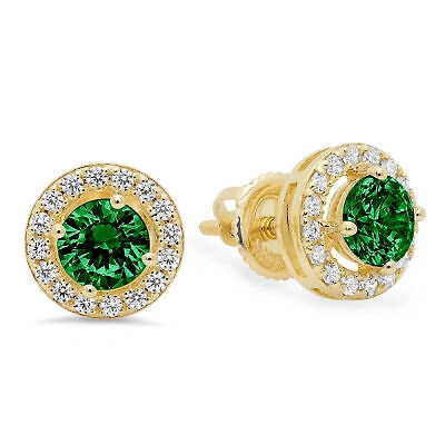 Pre-owned Pucci 1.6ct Round Halo Green Simulated Emerald Designer Stud Earrings 14k Yellow Gold