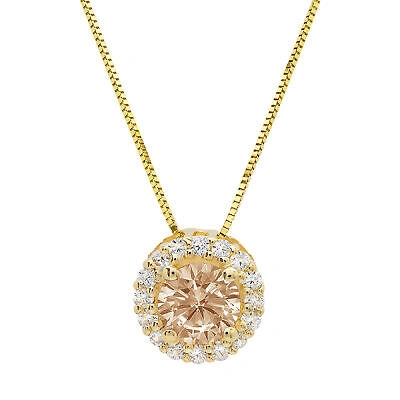 Pre-owned Pucci 1.3ct Rd Champagne Pave Halo Pendant Necklace 16 Box Chain Box 14k Yellow Gold