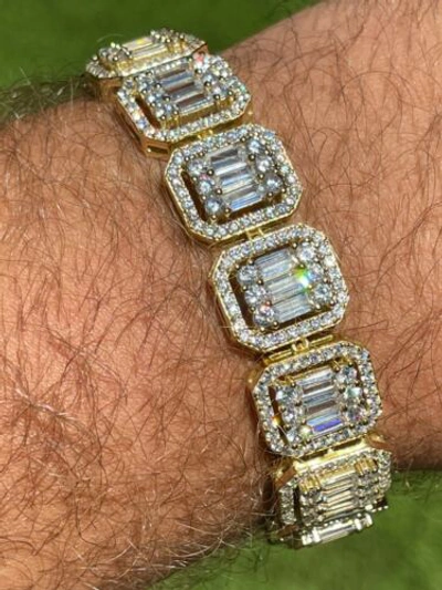 Pre-owned Harlembling 14k Gold Vermeil Plated Real 925 Silver Baguette Iced Bracelet 15mm Thick Cz In Yellow Gold