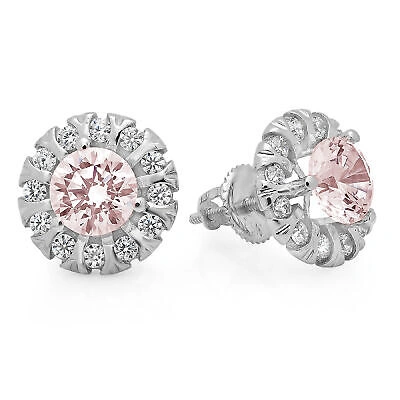 Pre-owned Pucci 3.45 Round Cut Halo Pink Simulated Diamond Designer Stud Earrings 14k White Gold