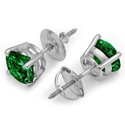 Pre-owned Pucci 4.0 Ct Round Cut Solitaire Green Simulated Emerald Stud Earrings 14k White Gold