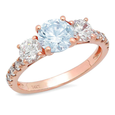Pre-owned Pucci 2 Round Cut 3 Stone Natural Aquamarine Promise Bridal Wedding Ring 14k Rose Gold In D