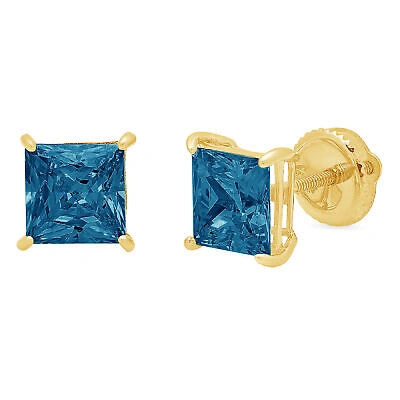 Pre-owned Pucci 4 Ct Princess Solitaire Natural London Blue Topaz Stud Earrings 14k Yellow Gold In D
