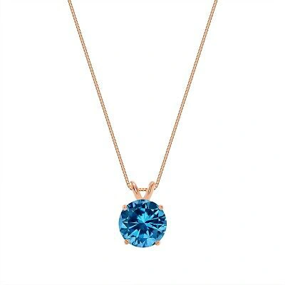 Pre-owned Shine Brite With A Diamond 3 Ct Round Cut Blue Solid Real 14k Rose Gold Solitaire Pendant 18" Necklace In Pink
