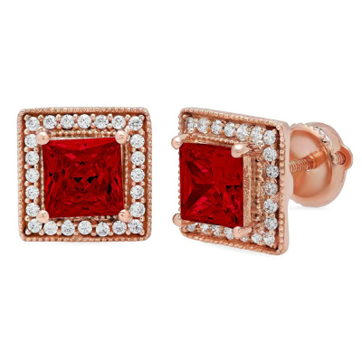 Pre-owned Pucci 2.3 Princess Round Cut Halo Natural Red Garnet Stud Earrings Real 14k Rose Gold
