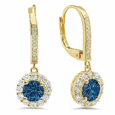 Pre-owned Pucci 2.2 Ct Round Halo Natural London Blue Topaz Drop Dangle Earrings 14k Yellow Gold