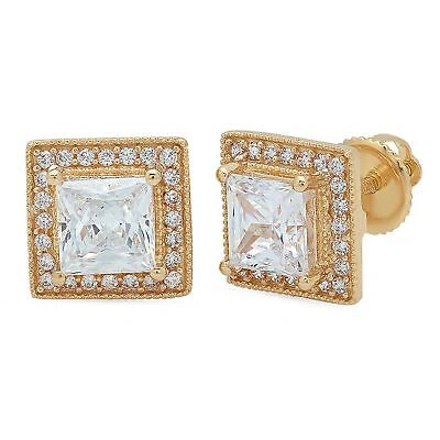 Pre-owned Pucci 2.2ct Princess Simulated Halo Stud Solitaire Earrings 14k Yellow Gold Screw Back In D
