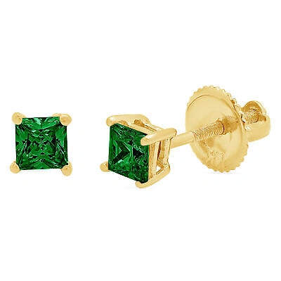 Pre-owned Pucci 0.5 Princess Cut Solitaire Green Simulated Emerald Stud Earrings 14k Yellow Gold
