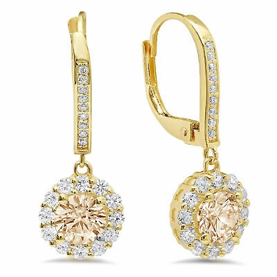 Pre-owned Pucci 2.2 Ct Round Cut Halo Yellow Synthetic Moissanite Drop Earrings 14k Yellow Gold