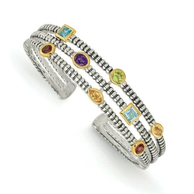 Pre-owned Shey Couture Sterling Silver W/ 14k Multi Gemstone 3 Row Textured Cuff Bangle