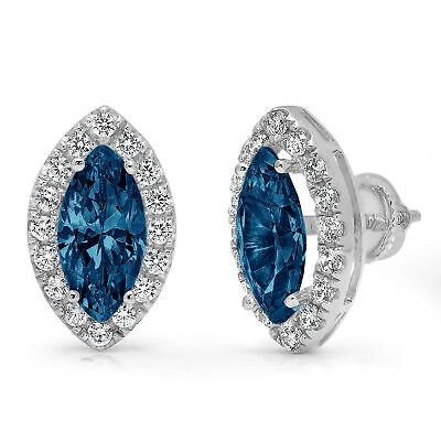 Pre-owned Pucci 3.6ct Marquise Round Halo Natural London Blue Topaz Stud Earrings 14k White Gold In D