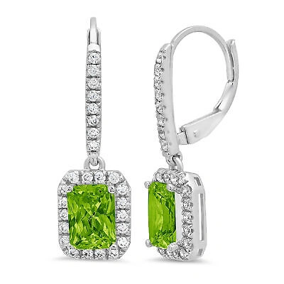 Pre-owned Pucci 5.8072 Emerald Round Halo Natural Peridot Lever Back Earrings 14k White Gold In Green