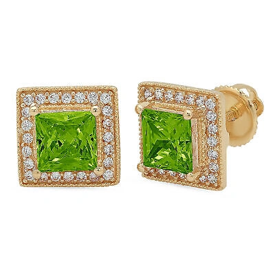 Pre-owned Pucci 2.3 Ct Princess Round Halo Natural Peridot Stud Earrings Solid 14k Yellow Gold In Green