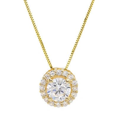 Pre-owned Pucci 1.3ct Round Cut Simulated Halo Clear Pendant 18" Chain Box 14k Yellow Solid Gold
