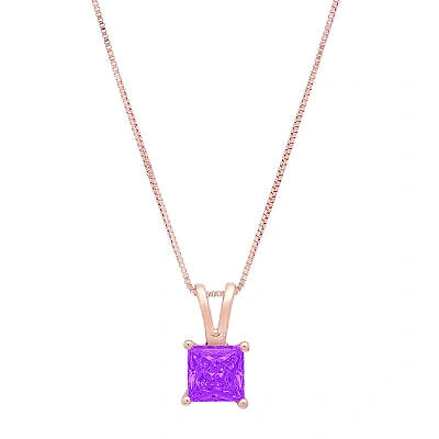 Pre-owned Pucci 1.0 Ct Princess Cut Natural Amethyst Pendant Necklace 16" Chain 14k Rose Gold In Purple