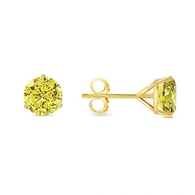 Pre-owned Shine Brite With A Diamond 3.50 Ct Round Cut Canary Earrings Studs Solid 14k Yellow Gold Push Back Martini