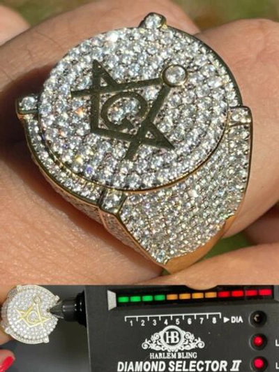Pre-owned Harlembling Moissanite 14k Gold Plated 925 Silver Masonic Ring Pass Test Pinky Hip Hop Mason In White