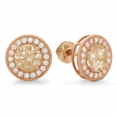Pre-owned Pucci 1.18 Round Cut Halo Yellow Synthetic Moissanite Stud Earrings 14k Rose Gold
