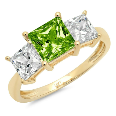 Pre-owned Pucci 3ct Princess 3 Stone Real Peridot Promise Bridal Wedding Ring 14k Yellow Gold In Green