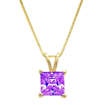 Pre-owned Pucci 3.0 Ct Princess Cut Natural Amethyst Pendant Necklace 18" Chain 14k Yellow Gold In Purple